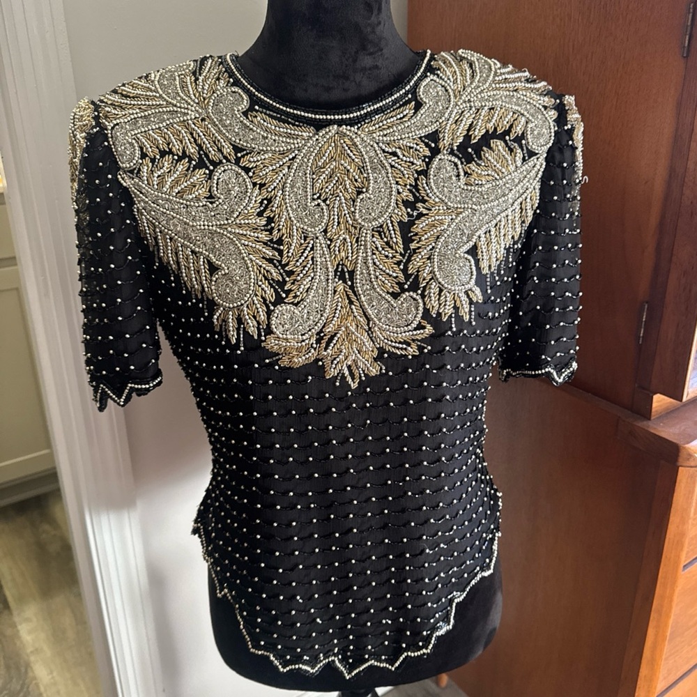 Laurence Kazar Silver Bodice Beaded Top with Black Scallop Beading Sz Petite XL